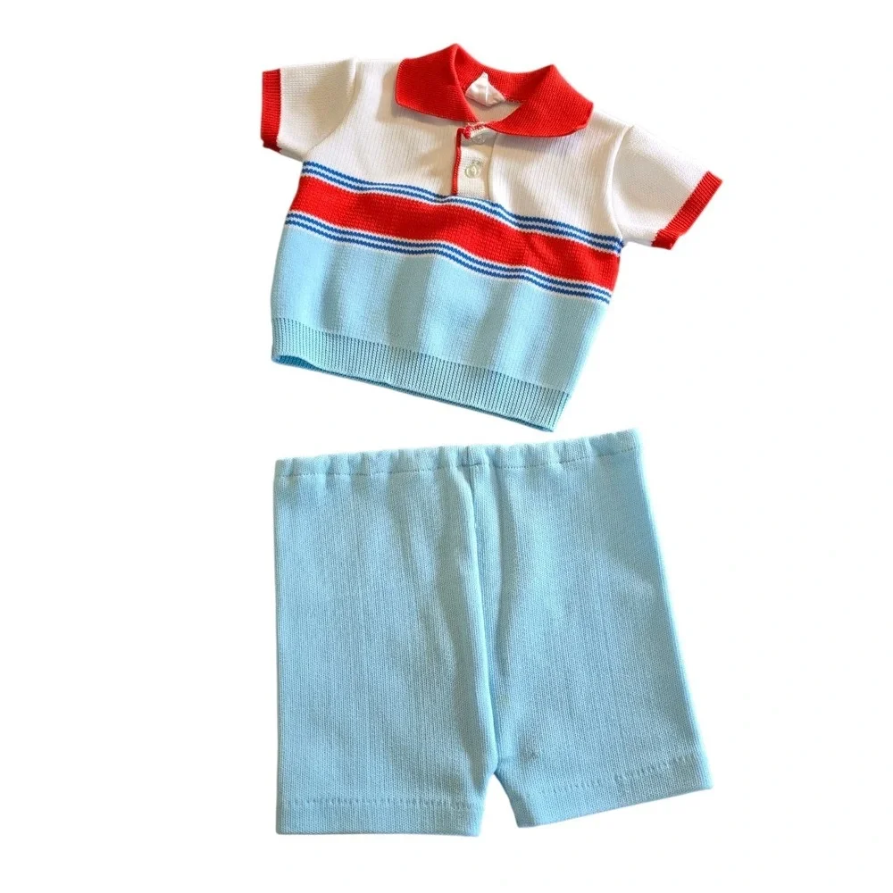 Vintage 60s Toddler Knit Outfit Size One / 12 Mo Sweater Shorts Blue Red‎ Stripe